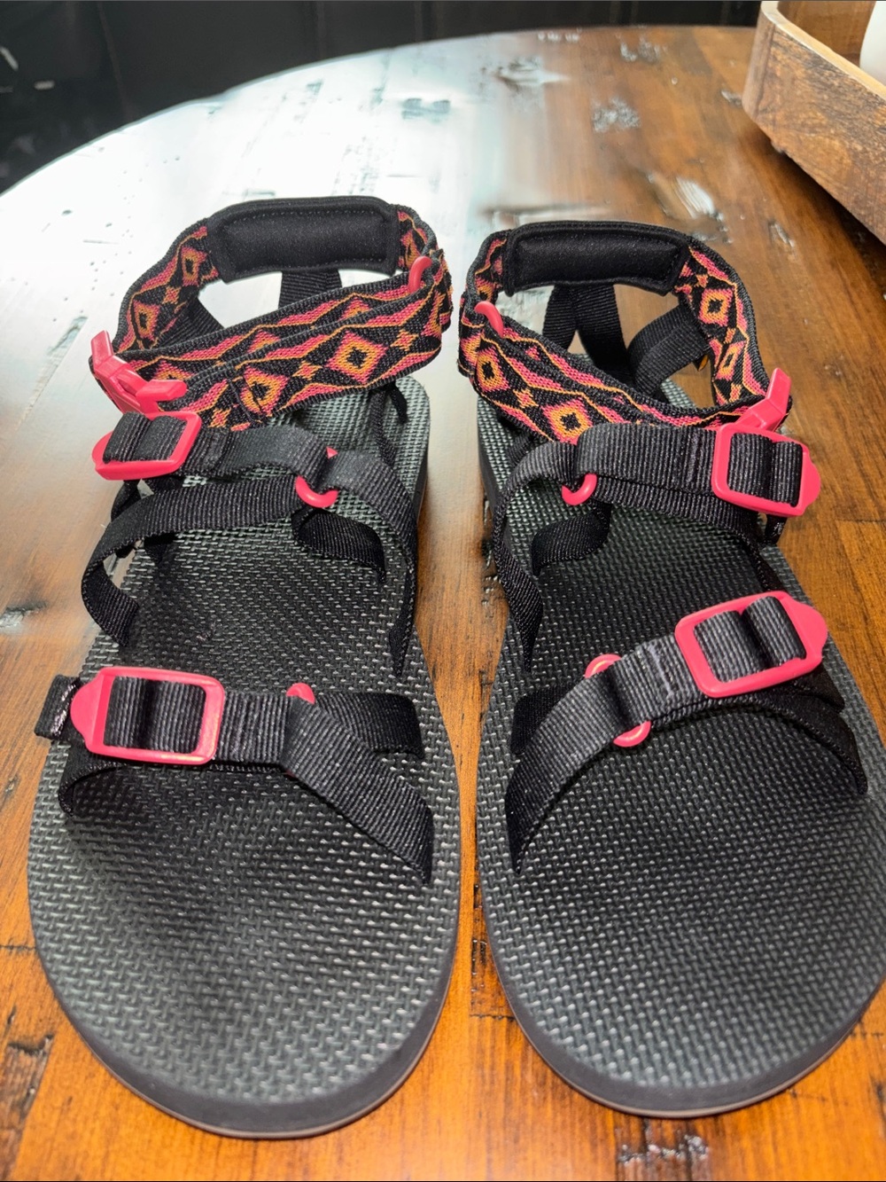 Teva Black Sandals with Pink Accents and Geometric straps